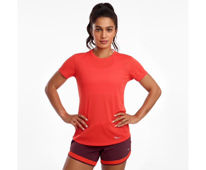 Red Women\'s Saucony Stopwatch Short Sleeve Shirts | ZNLCR1023